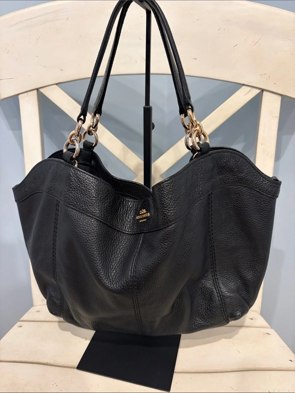 Coach Black Pebbled Leather Shoulder Tote with Gold Hardware and Matching Wallet